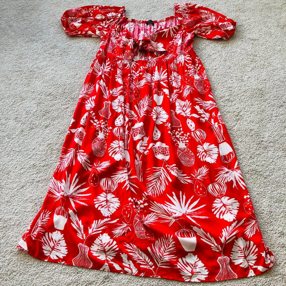 Eloquii Red and White Floral Tie Front Full Skirted Maxi Dress